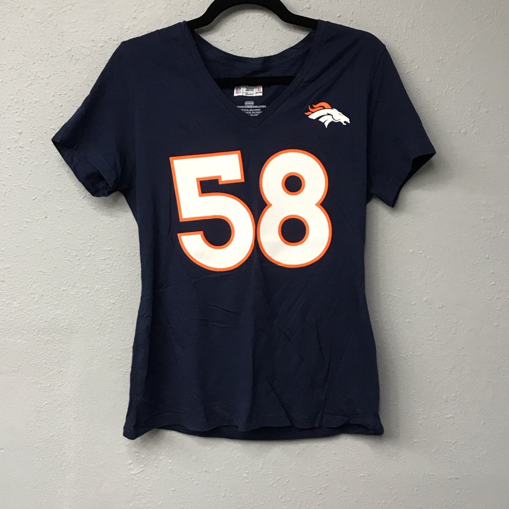 Women's Navy V-Neck Broncos #58 Miler Graphic Tee